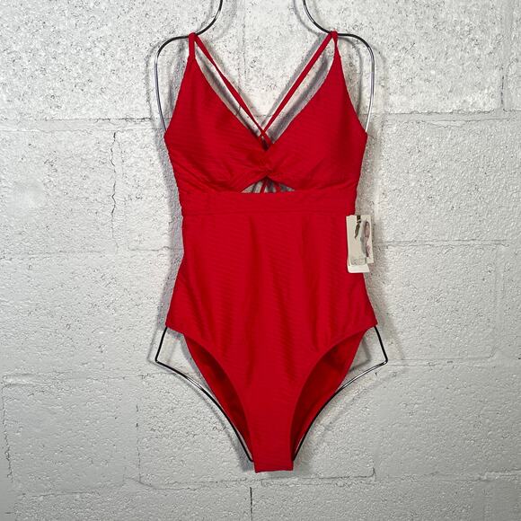 Jessica Simpson Pretty in Pique Twist Front One Piece Swimsuit red Medium - Picture 1 of 10